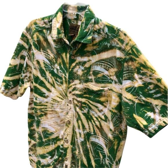 Flyshacker Sailfish Green Tan Acid Tie Dye Short Sleeve Button Shirt Mens Large - Picture 3 of 10